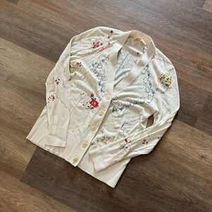 Tory Burch Women's Embroidered Floral Cardigan‎ Sweater Size L GrandmaCore Cute